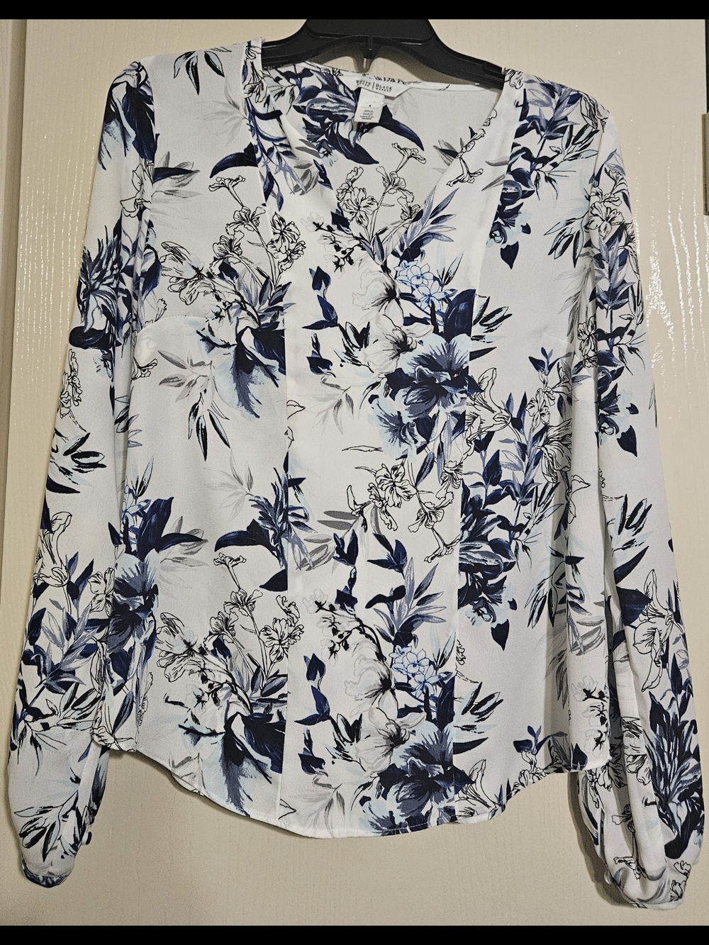 Women's White Button-Down Blouse with Blue Floral Print